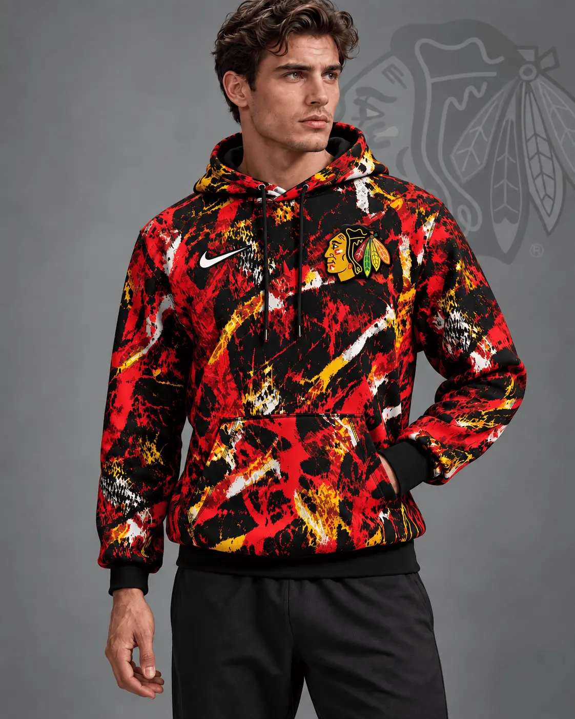Chicago Blackhawks | Premium NHL Abstract Camo All Over Print Pullover Hoodie NDN