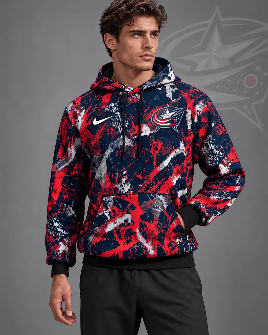 Columbus Blue Jackets | Premium NHL Abstract Camo All Over Print Pullover Hoodie NDN