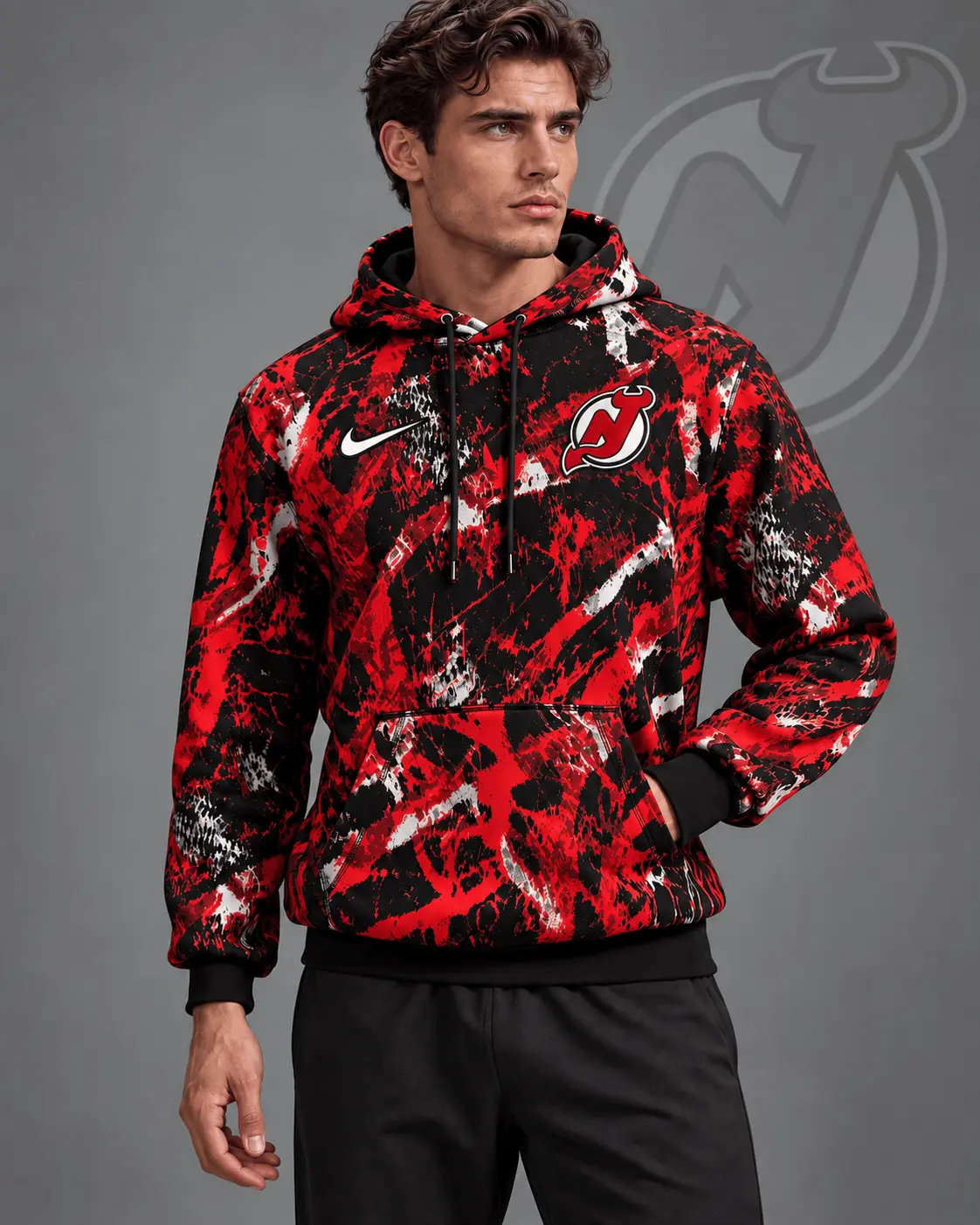 New Jersey Devils | Premium NHL Abstract Camo All Over Print Pullover Hoodie NDN