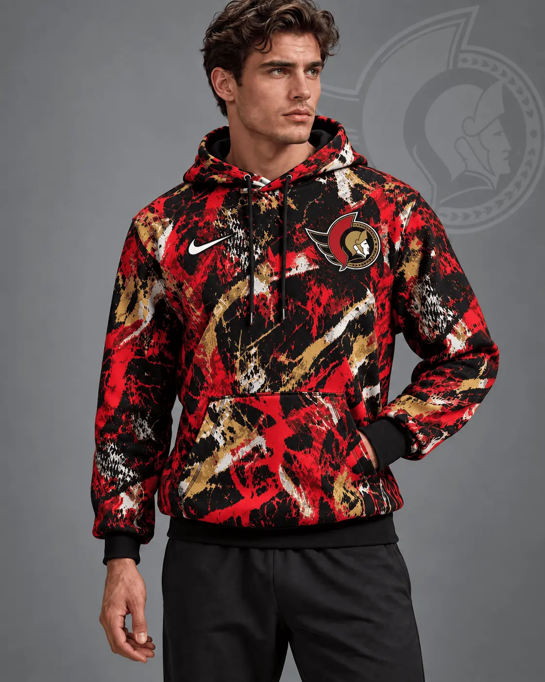 Ottawa Senators | Premium NHL Abstract Camo All Over Print Pullover Hoodie NDN
