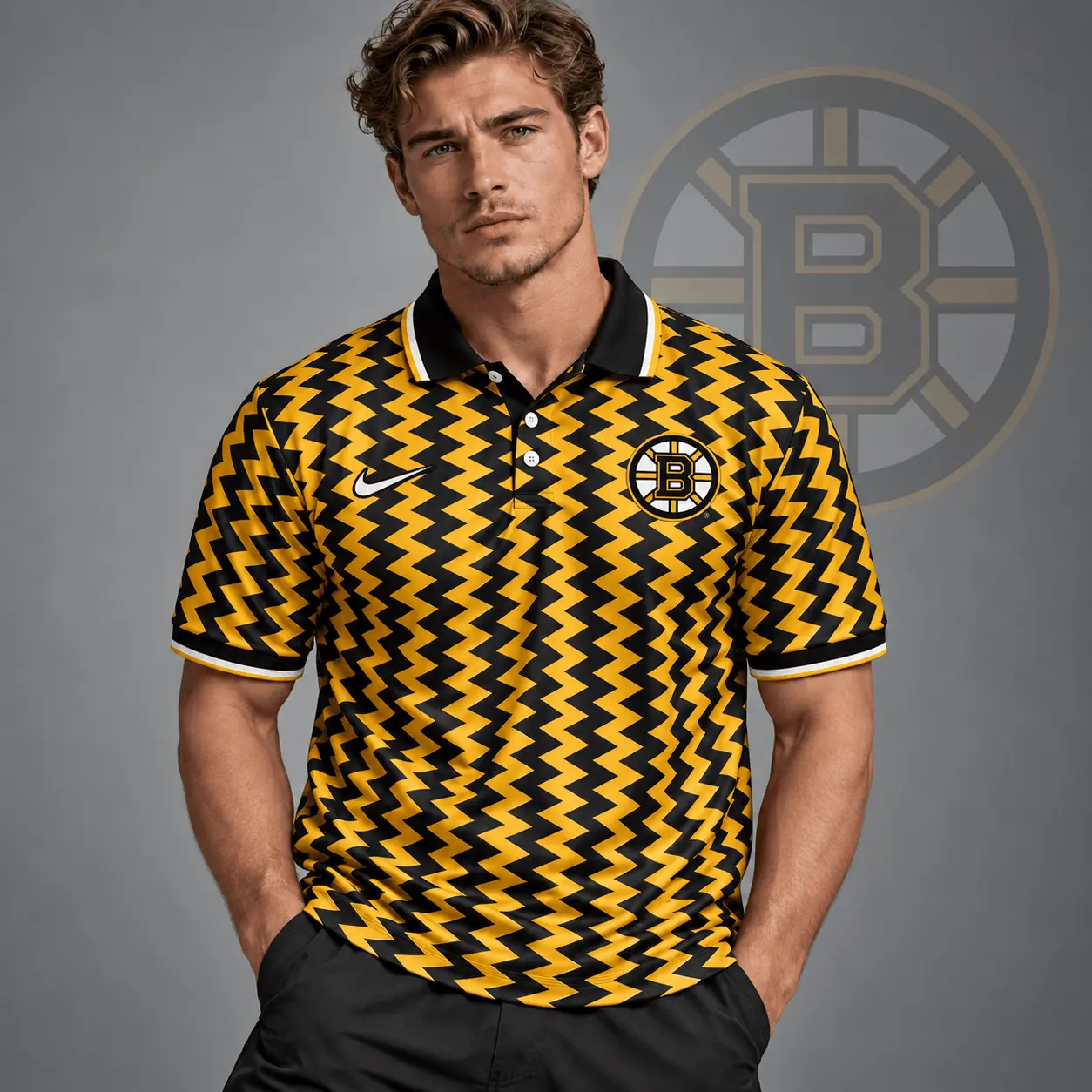 Boston Bruins | Premium NHL Dynamic Chevron All Over Print Polo Shirt NDN