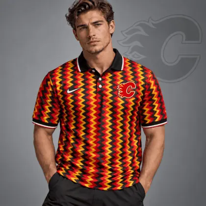 Calgary Flames | Premium NHL Dynamic Chevron All Over Print Polo Shirt NDN