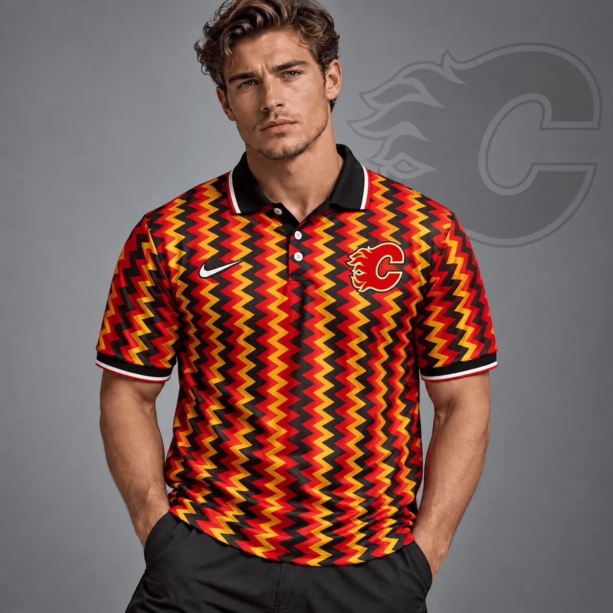 Calgary Flames | Premium NHL Dynamic Chevron All Over Print Polo Shirt NDN