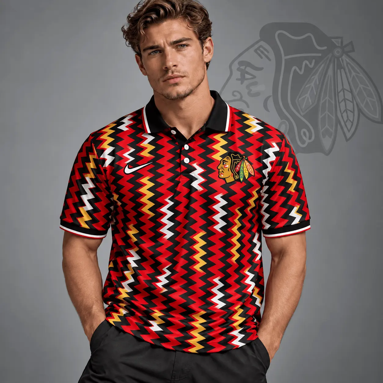 Chicago Blackhawks | Premium NHL Dynamic Chevron All Over Print Polo Shirt NDN