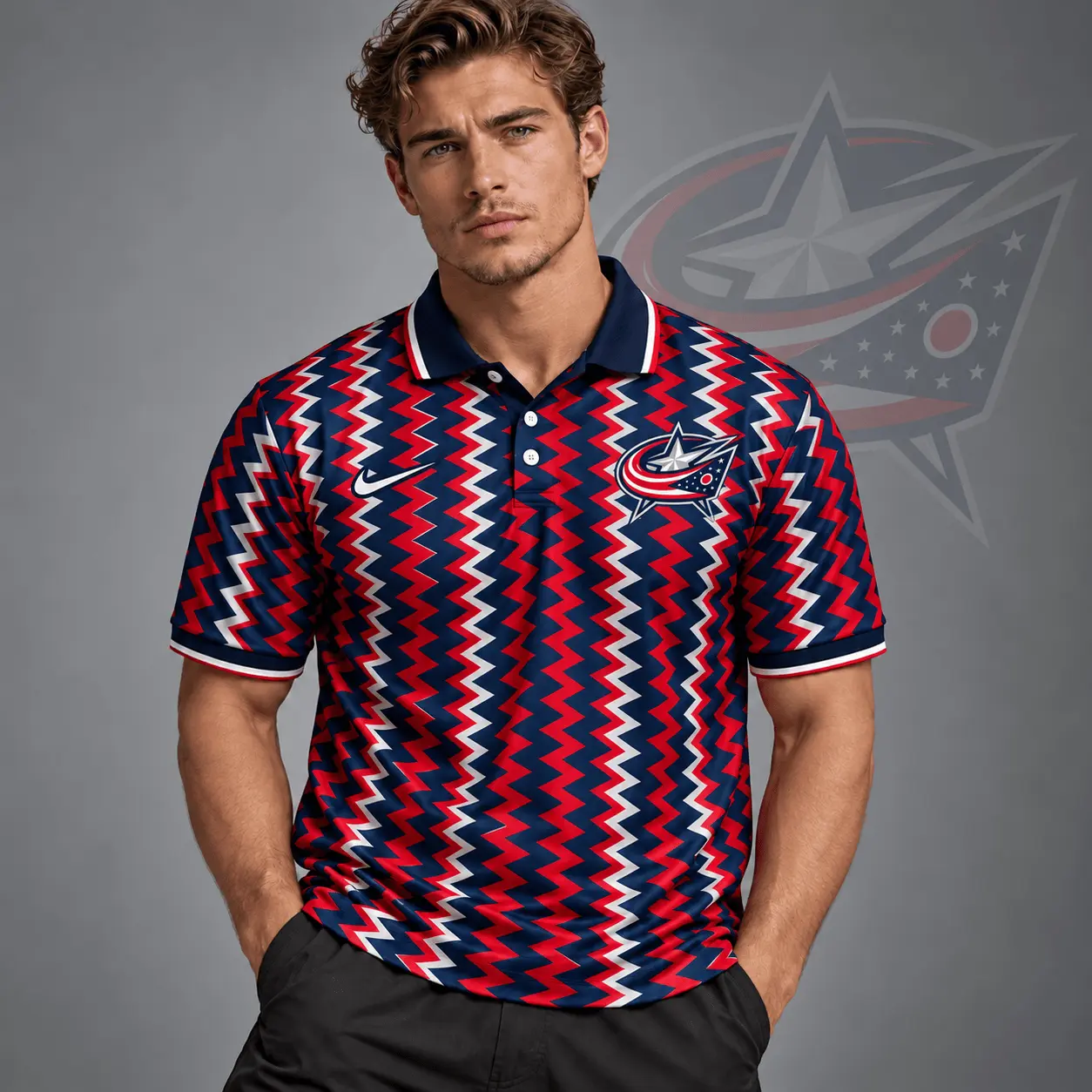Columbus Blue Jackets | Premium NHL Dynamic Chevron All Over Print Polo Shirt NDN