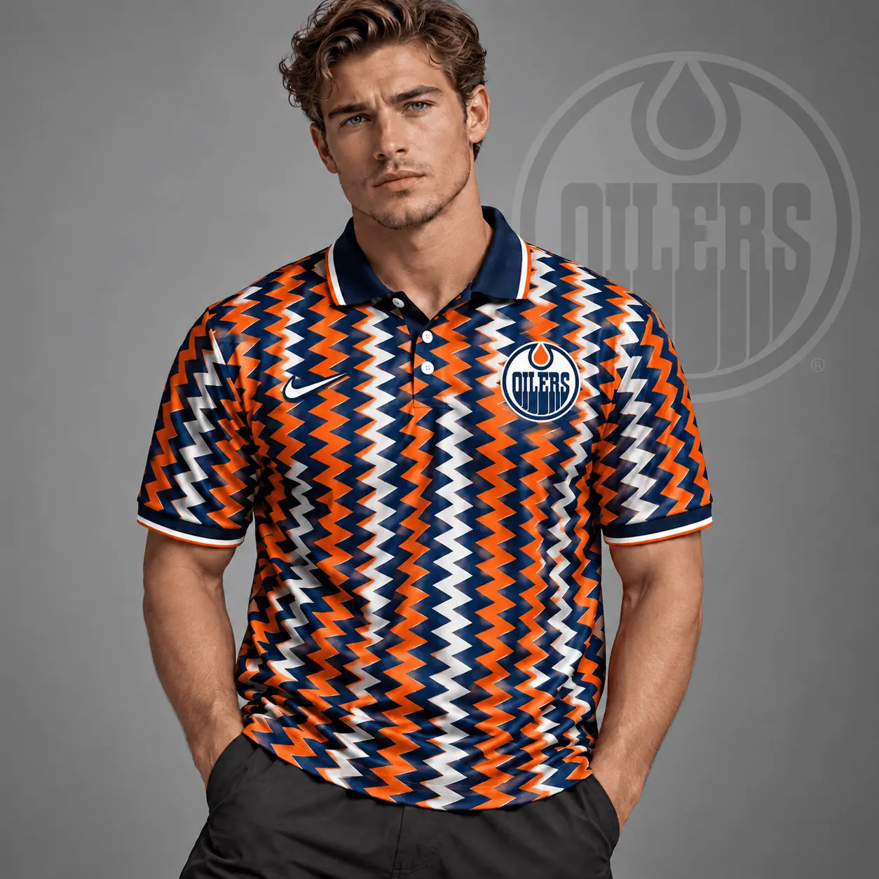 Edmonton Oilers | Premium NHL Dynamic Chevron All Over Print Polo Shirt NDN
