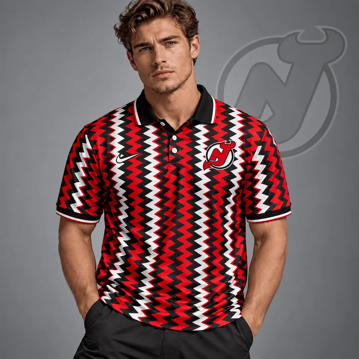 New Jersey Devils | Premium NHL Dynamic Chevron All Over Print Polo Shirt NDN
