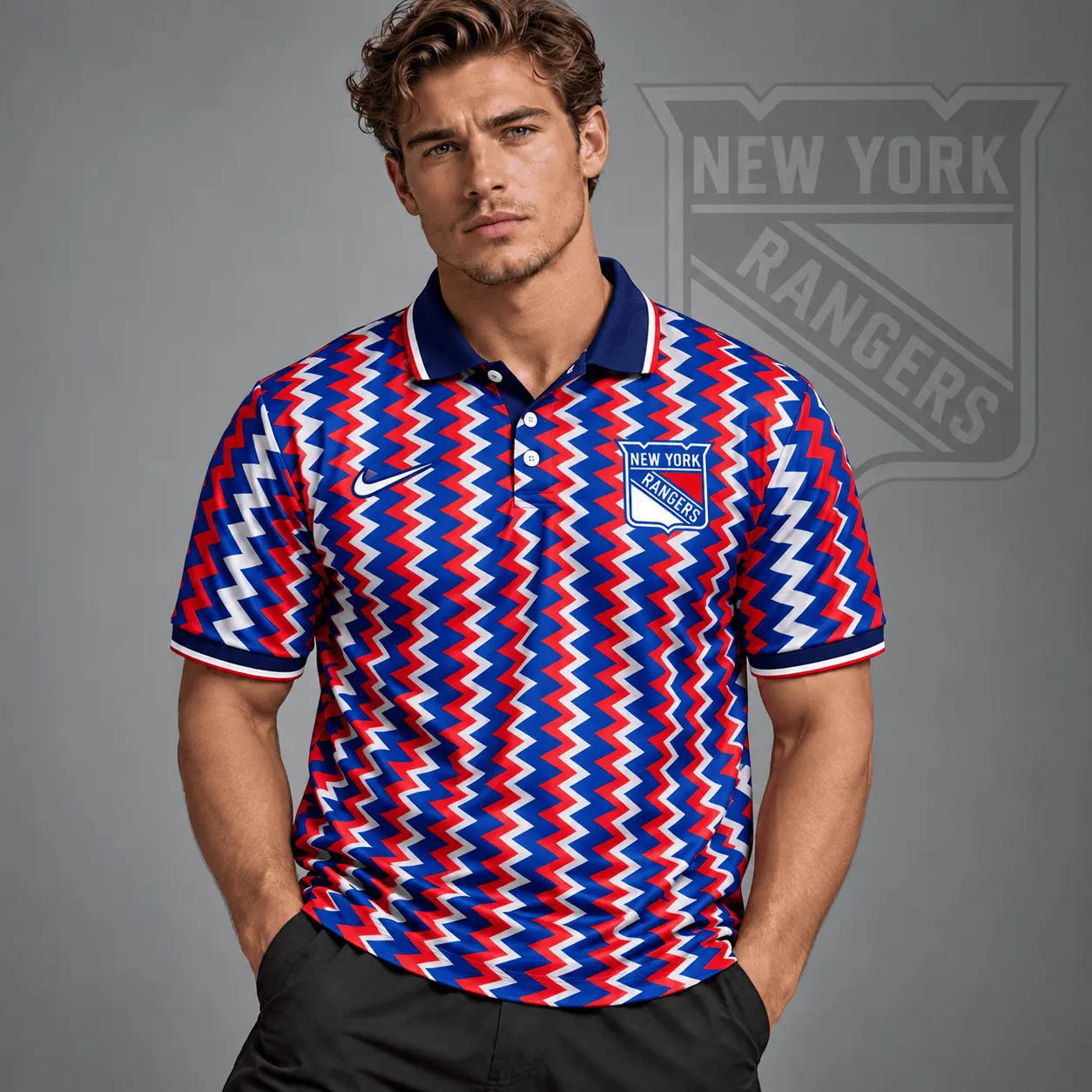 New York Rangers | Premium NHL Dynamic Chevron All Over Print Polo Shirt NDN