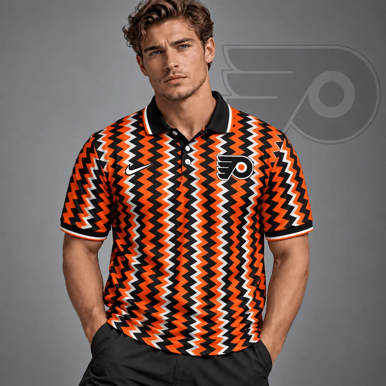 Philadelphia Flyers | Premium NHL Dynamic Chevron All Over Print Polo Shirt NDN