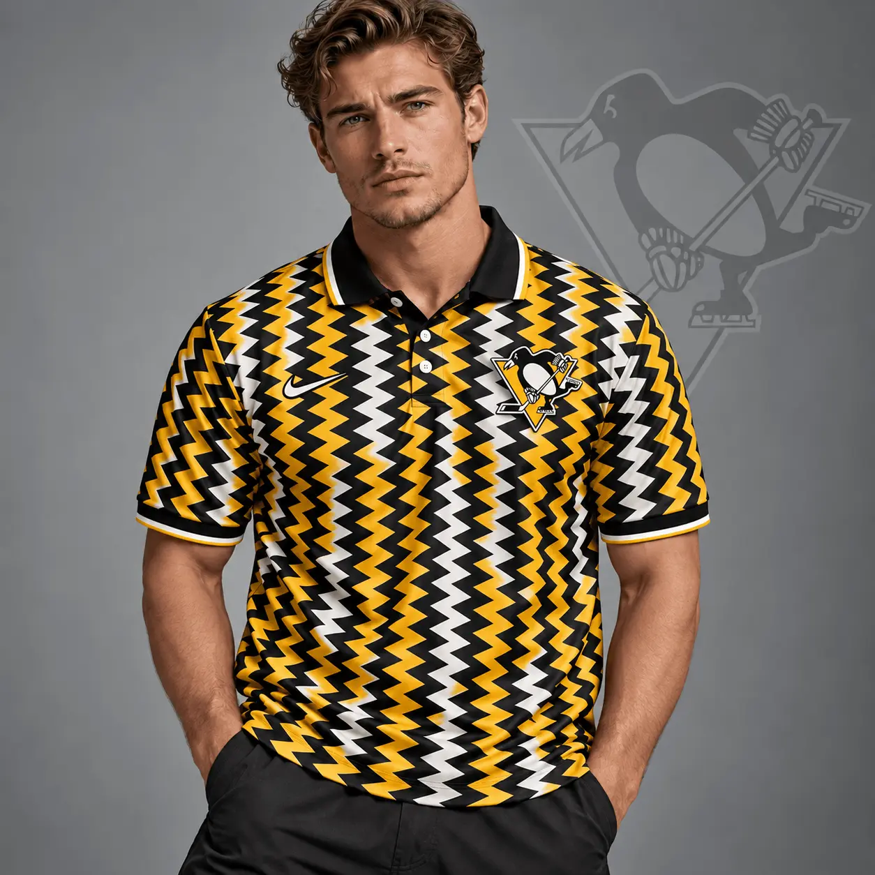 Pittsburgh Penguins | Premium NHL Dynamic Chevron All Over Print Polo Shirt NDN