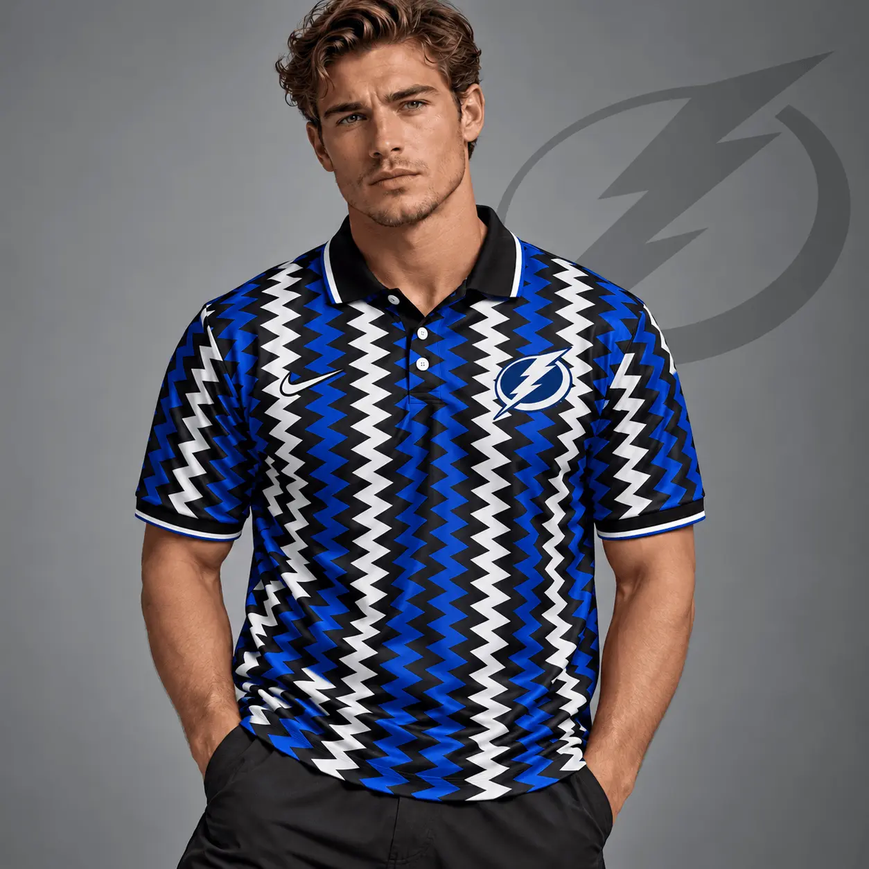 Tampa Bay Lightning | Premium NHL Dynamic Chevron All Over Print Polo Shirt NDN