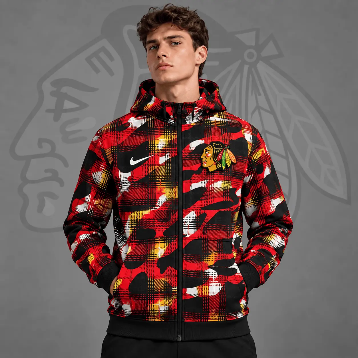 Chicago Blackhawks | Premium NHL Urban Plaid Camo Full Zip Hoodie Jacket NDN