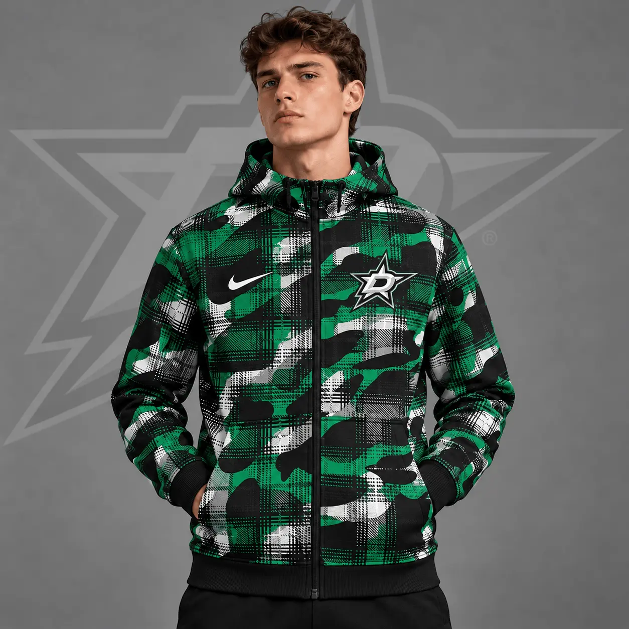 Dallas Stars | Premium NHL Urban Plaid Camo Full Zip Hoodie Jacket NDN