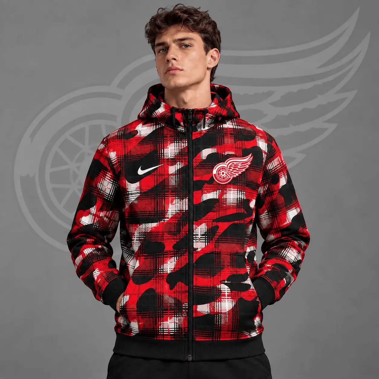 Detroit Red Wings | Premium NHL Urban Plaid Camo Full Zip Hoodie Jacket NDN