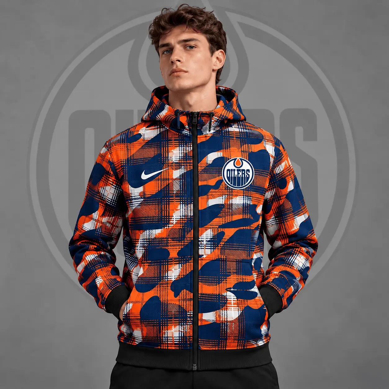 Edmonton Oilers | Premium NHL Urban Plaid Camo Full Zip Hoodie Jacket NDN