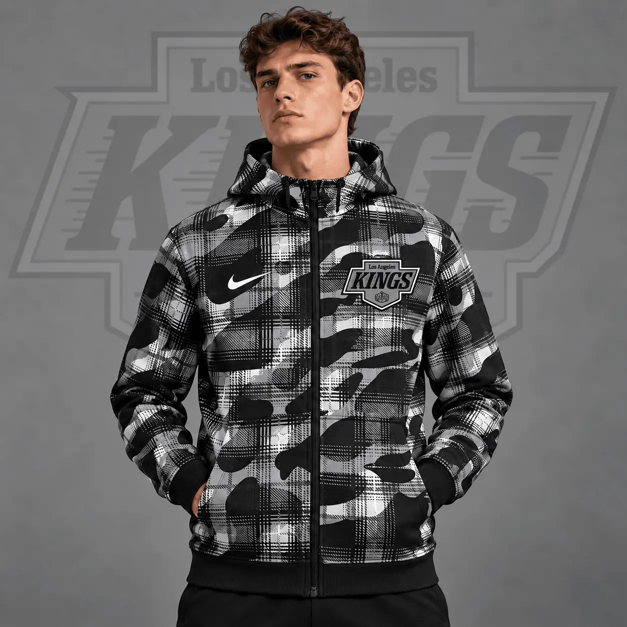 Los Angeles Kings | Premium NHL Urban Plaid Camo Full Zip Hoodie Jacket NDN