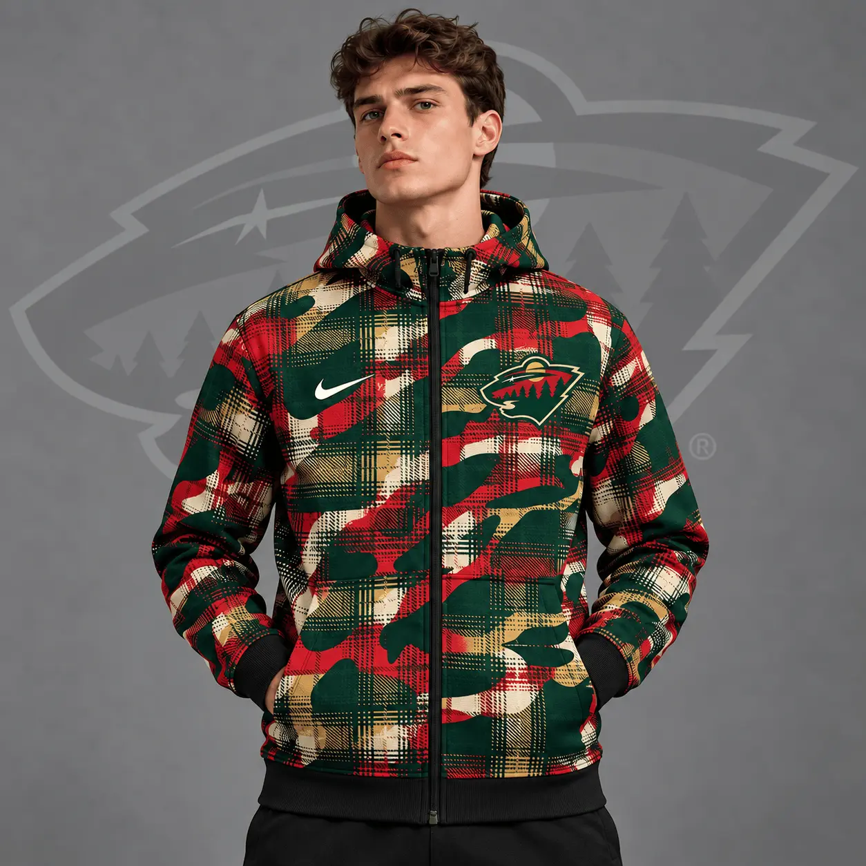 Minnesota Wild | Premium NHL Urban Plaid Camo Full Zip Hoodie Jacket NDN