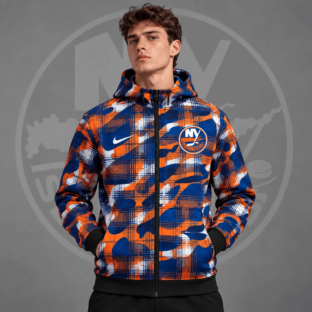 New York Islanders | Premium NHL Urban Plaid Camo Full Zip Hoodie Jacket NDN