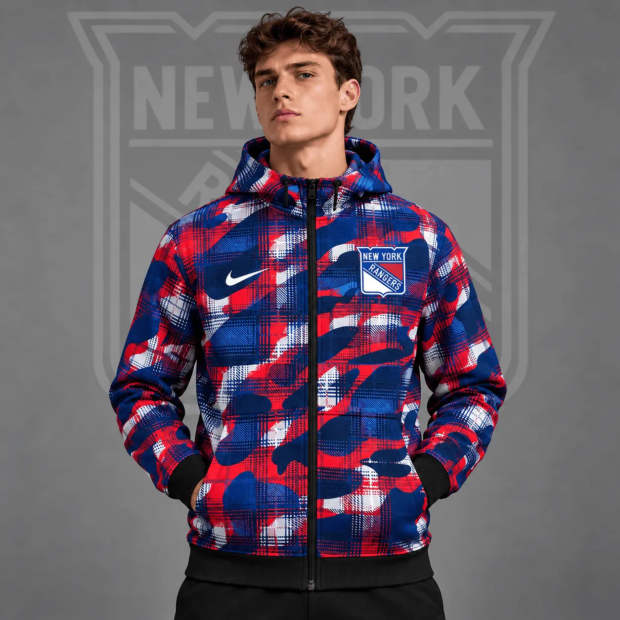 New York Rangers | Premium NHL Urban Plaid Camo Full Zip Hoodie Jacket NDN