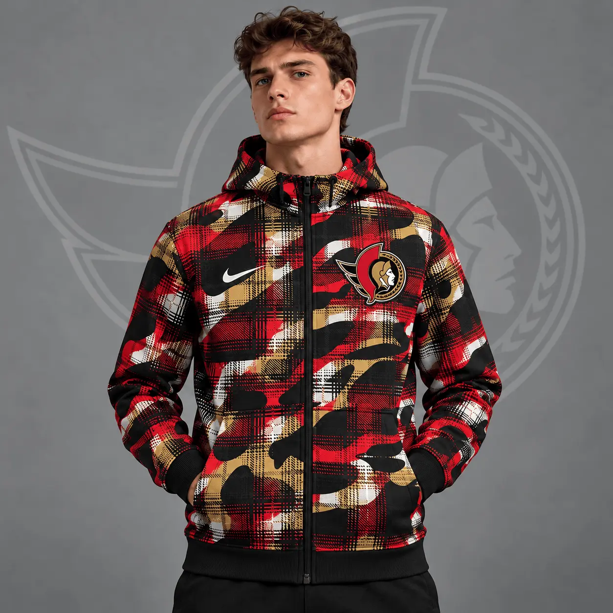 Ottawa Senators | Premium NHL Urban Plaid Camo Full Zip Hoodie Jacket NDN
