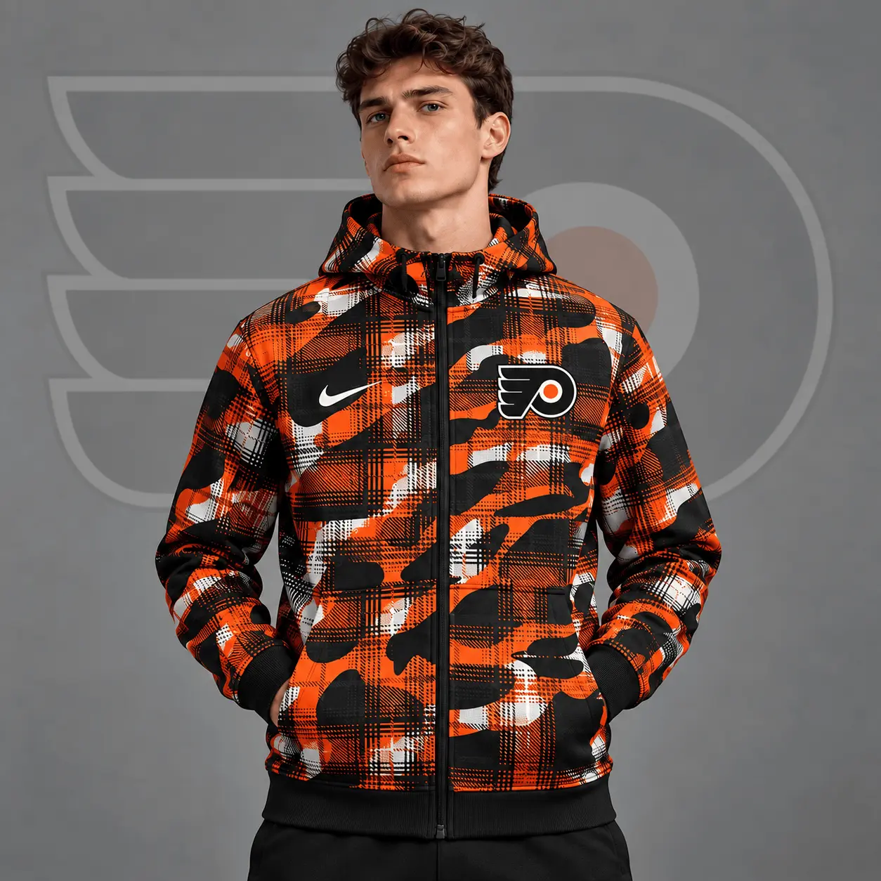 Philadelphia Flyers | Premium NHL Urban Plaid Camo Full Zip Hoodie Jacket NDN