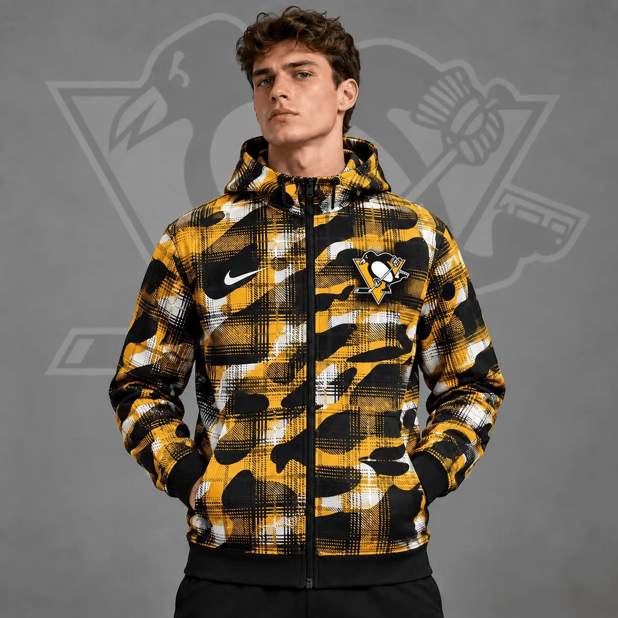 Pittsburgh Penguins | Premium NHL Urban Plaid Camo Full Zip Hoodie Jacket NDN