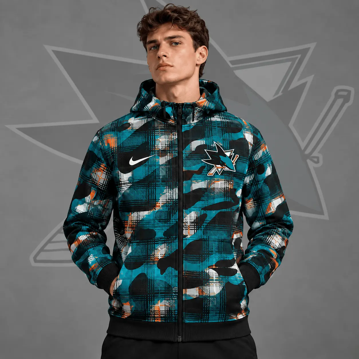 San Jose Sharks | Premium NHL Urban Plaid Camo Full Zip Hoodie Jacket NDN