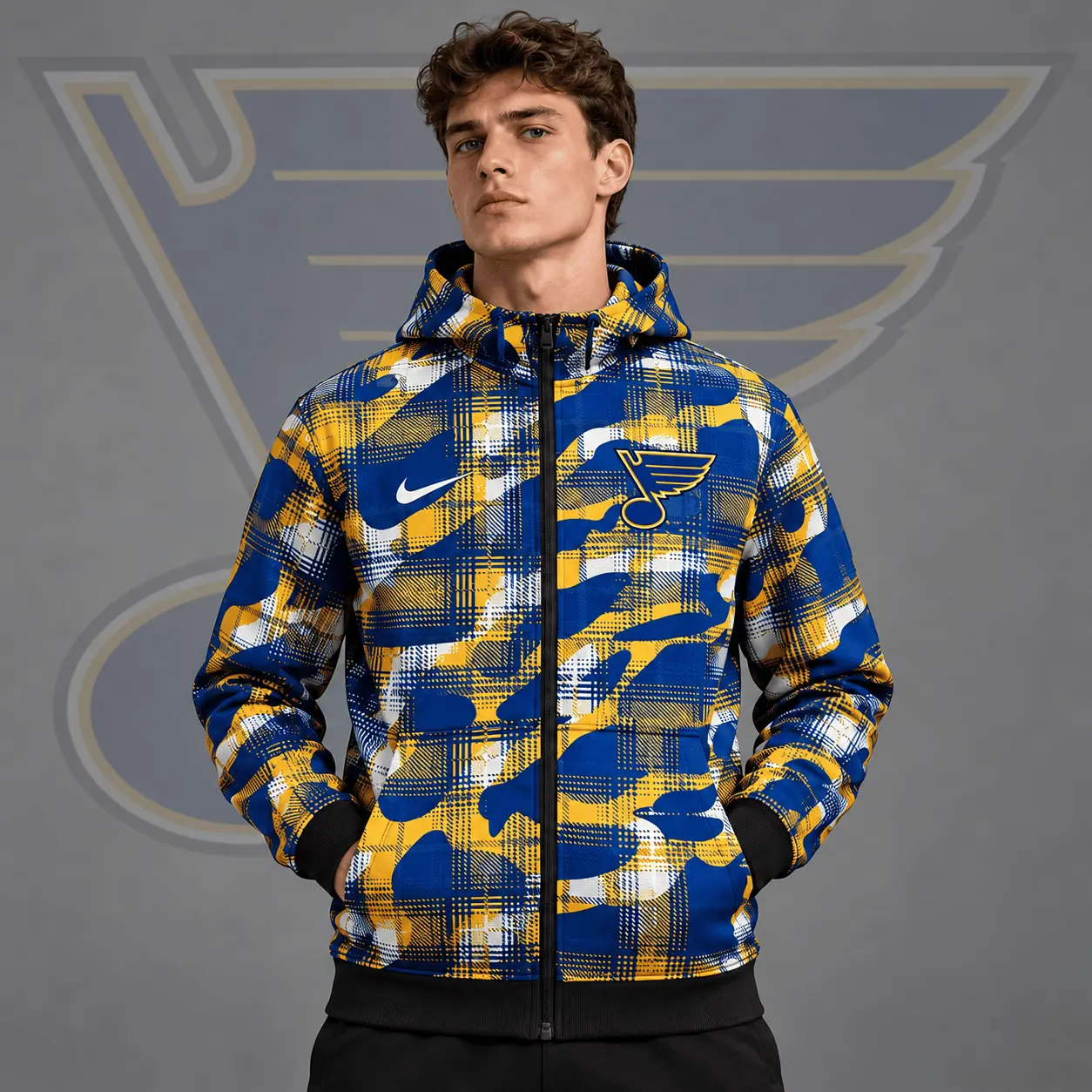St. Louis Blues | Premium NHL Urban Plaid Camo Full Zip Hoodie Jacket NDN