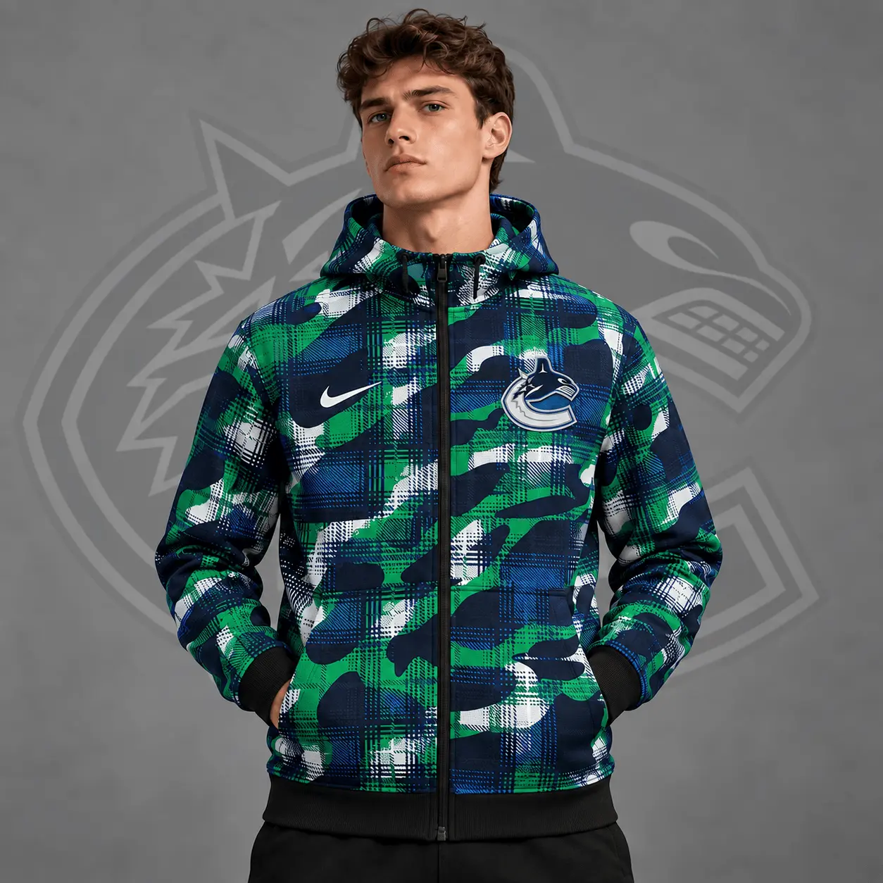 Vancouver Canucks | Premium NHL Urban Plaid Camo Full Zip Hoodie Jacket NDN