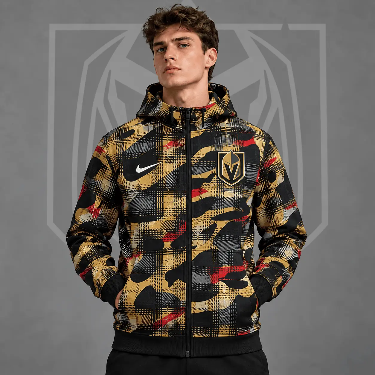 Vegas Golden Knights | Premium NHL Urban Plaid Camo Full Zip Hoodie Jacket NDN