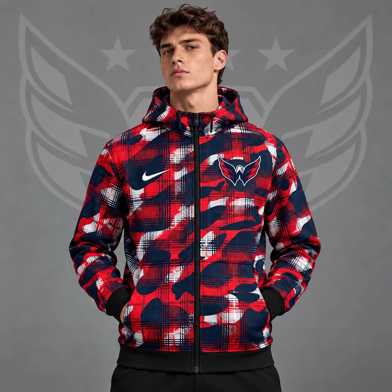 Washington Capitals | Premium NHL Urban Plaid Camo Full Zip Hoodie Jacket NDN