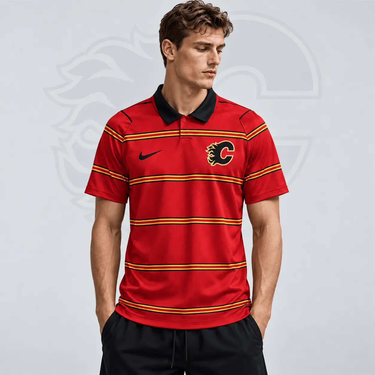 Calgary Flames | Premium NHL Classic Horizontal Stripe Performance Polo Shirt NDN