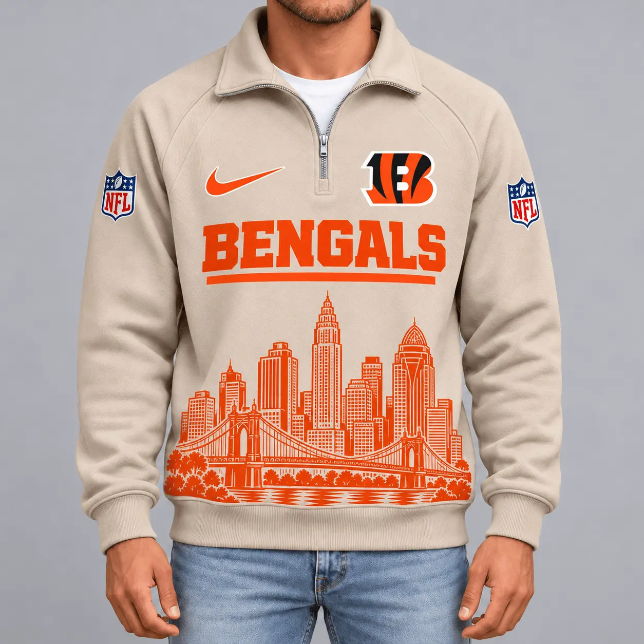 Cincinnati Bengals | Premium NFL Cityscape Vintage Quarter-Zip Sweatshirt TD