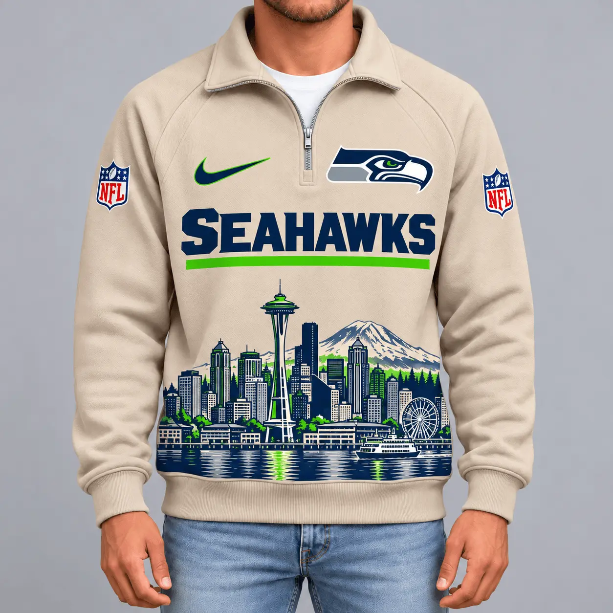 Seattle Seahawks | Premium NFL Cityscape Vintage Quarter-Zip Sweatshirt TD