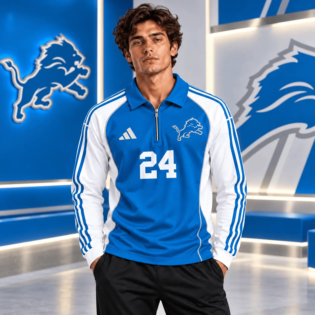 Detroit Lions | Premium NFL Vintage Football Zipper Long Sleeve Polo TD