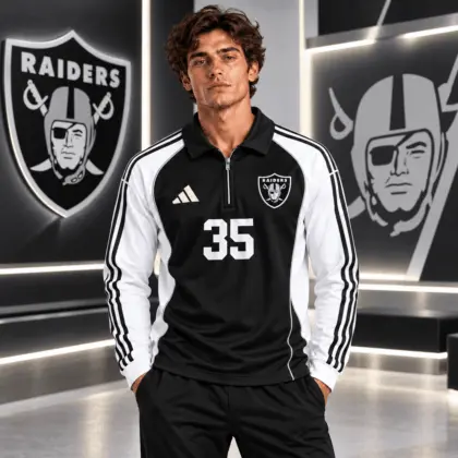 Las Vegas Raiders | Premium NFL Vintage Football Zipper Long Sleeve Polo TD