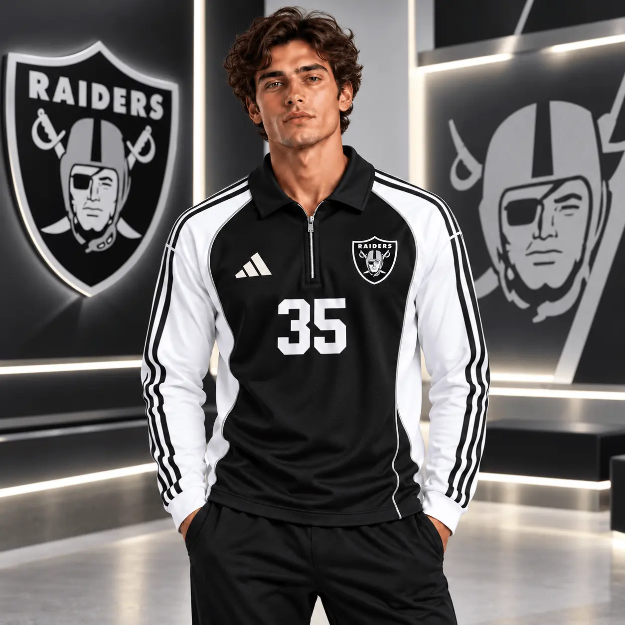 Las Vegas Raiders | Premium NFL Vintage Football Zipper Long Sleeve Polo TD