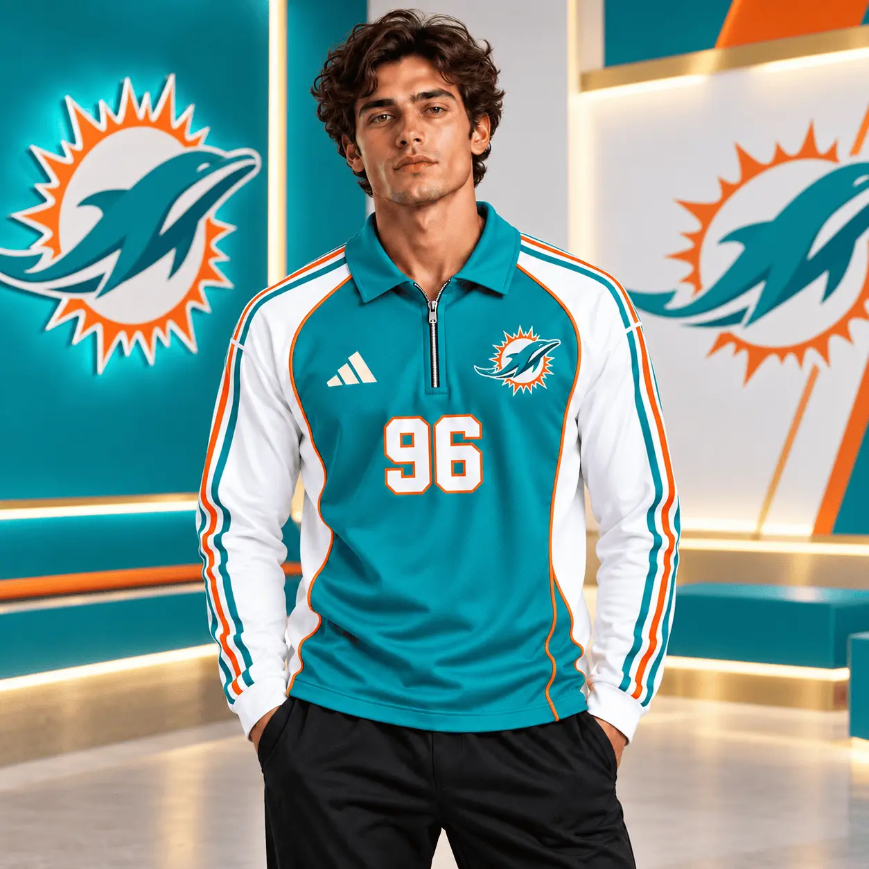Miami Dolphins | Premium NFL Vintage Football Zipper Long Sleeve Polo TD