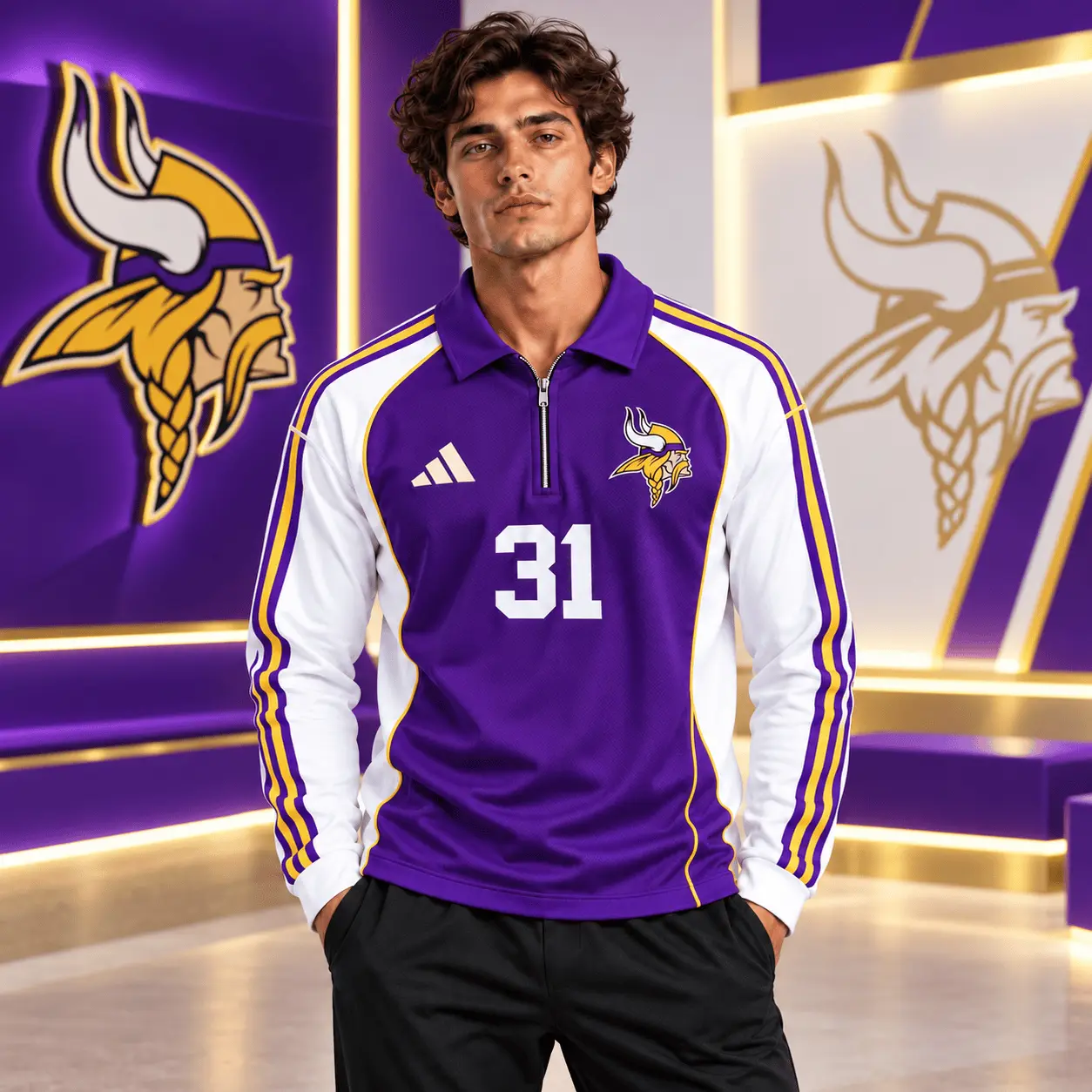 Minnesota Vikings | Premium NFL Vintage Football Zipper Long Sleeve Polo TD