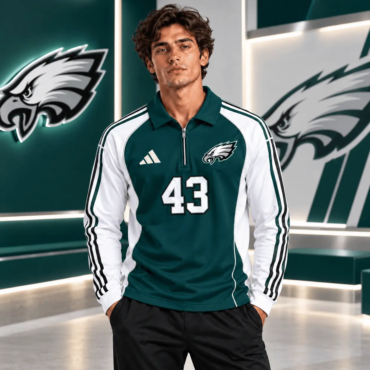 Philadelphia Eagles | Premium NFL Vintage Football Zipper Long Sleeve Polo TD