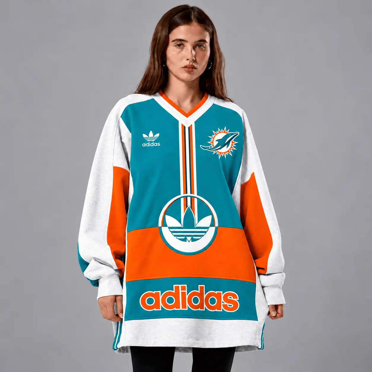 Miami Dolphins | Premium NFL Vintage Varsity Oversized V-Neck Sweatshirt TD