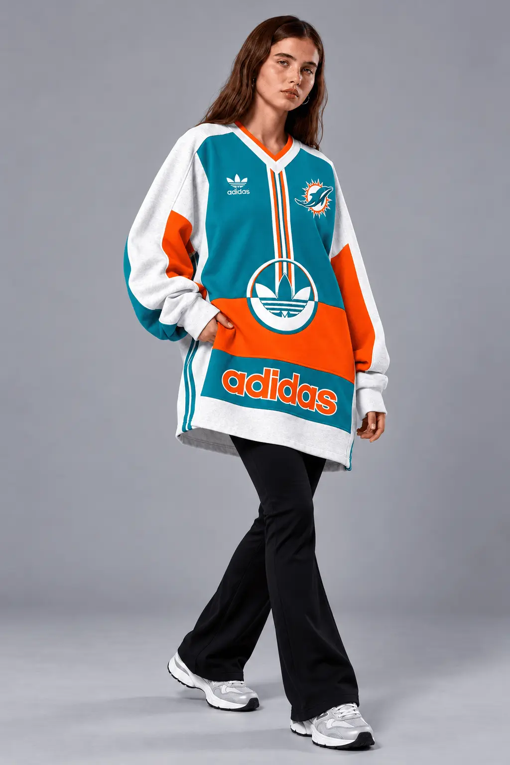 Miami Dolphins | Premium NFL Vintage Varsity Oversized V-Neck Sweatshirt TD - Image 2