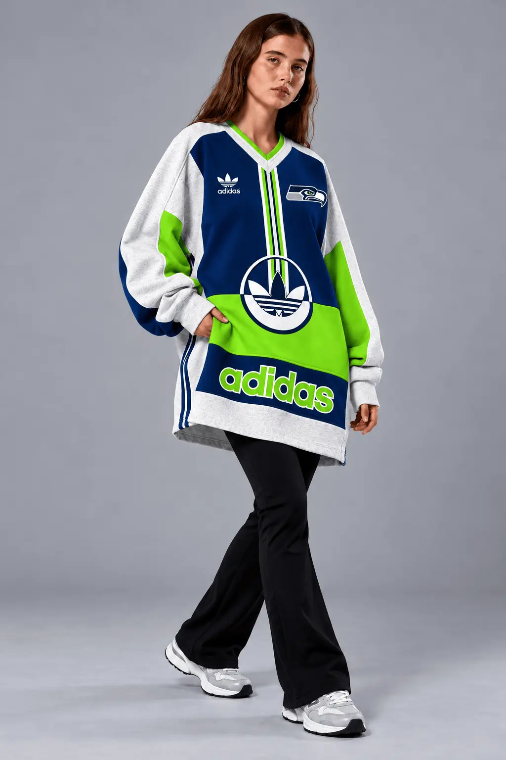 Seattle Seahawks | Premium NFL Vintage Varsity Oversized V-Neck Sweatshirt TD - Image 2
