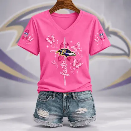 Baltimore Ravens | Premium NFL Faith Hope Love Breast Cancer V-Neck Shirt TD