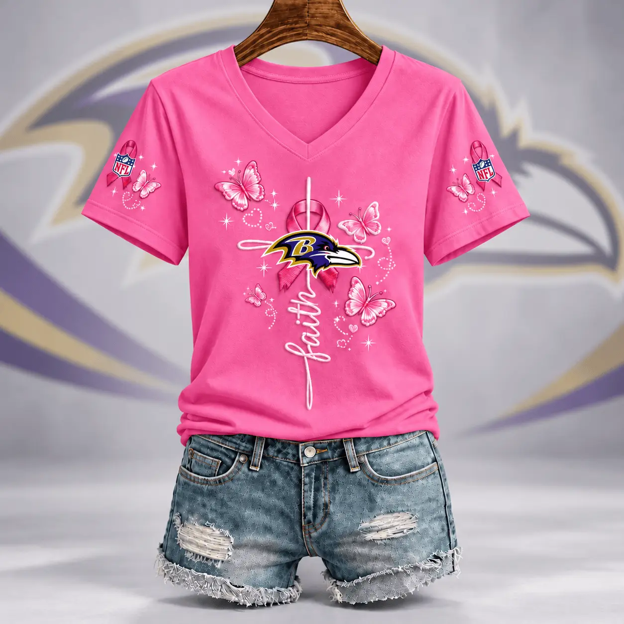 Baltimore Ravens | Premium NFL Faith Hope Love Breast Cancer V-Neck Shirt TD