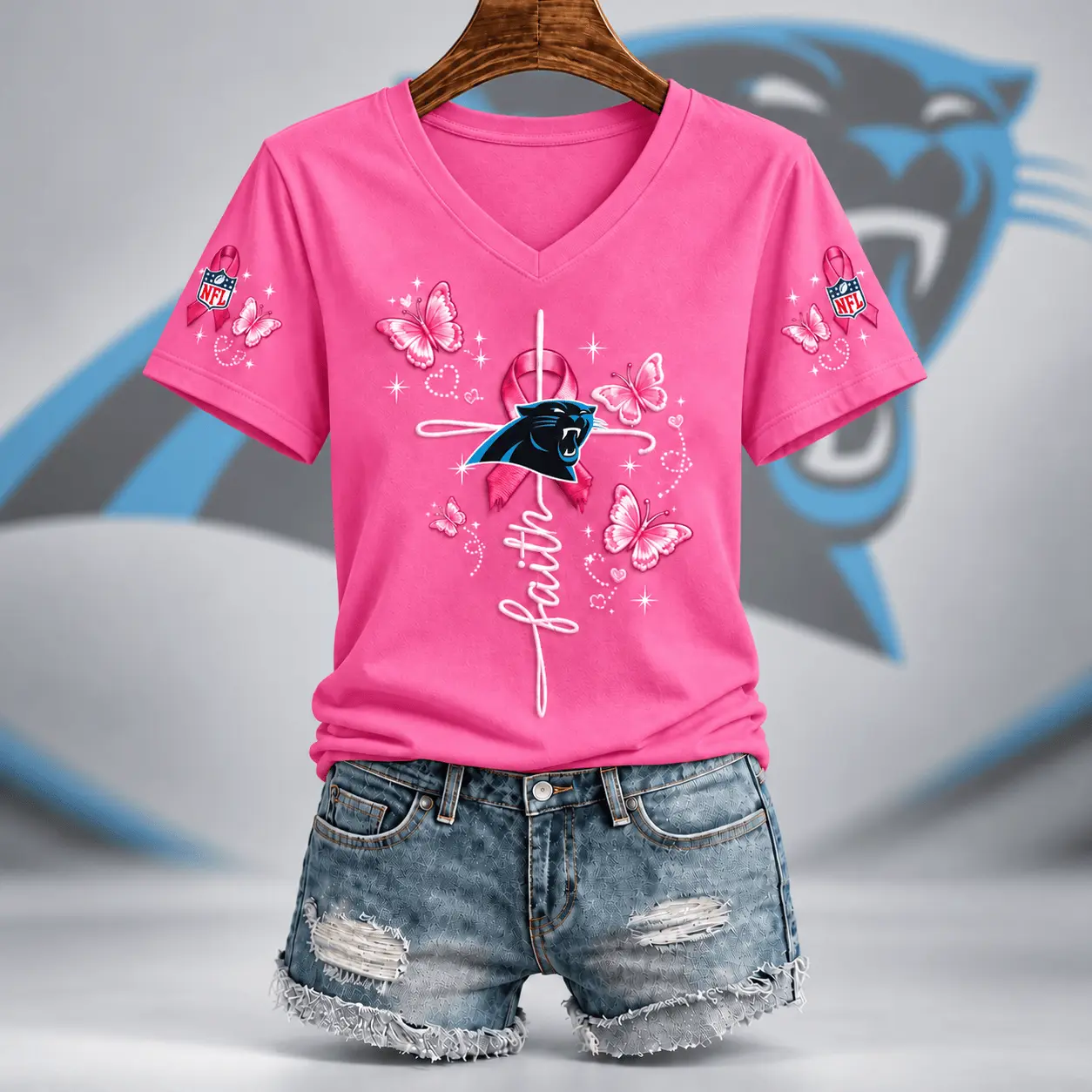 Carolina Panthers | Premium NFL Faith Hope Love Breast Cancer V-Neck Shirt TD