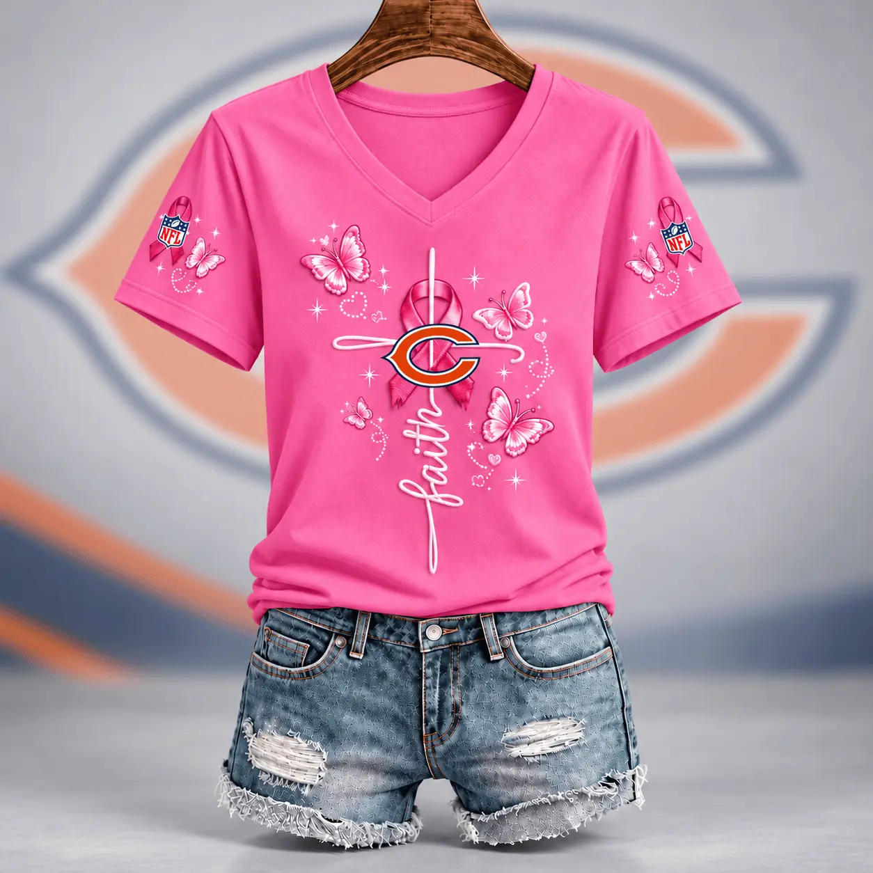 Chicago Bears | Premium NFL Faith Hope Love Breast Cancer V-Neck Shirt TD