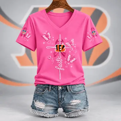 Cincinnati Bengals | Premium NFL Faith Hope Love Breast Cancer V-Neck Shirt TD