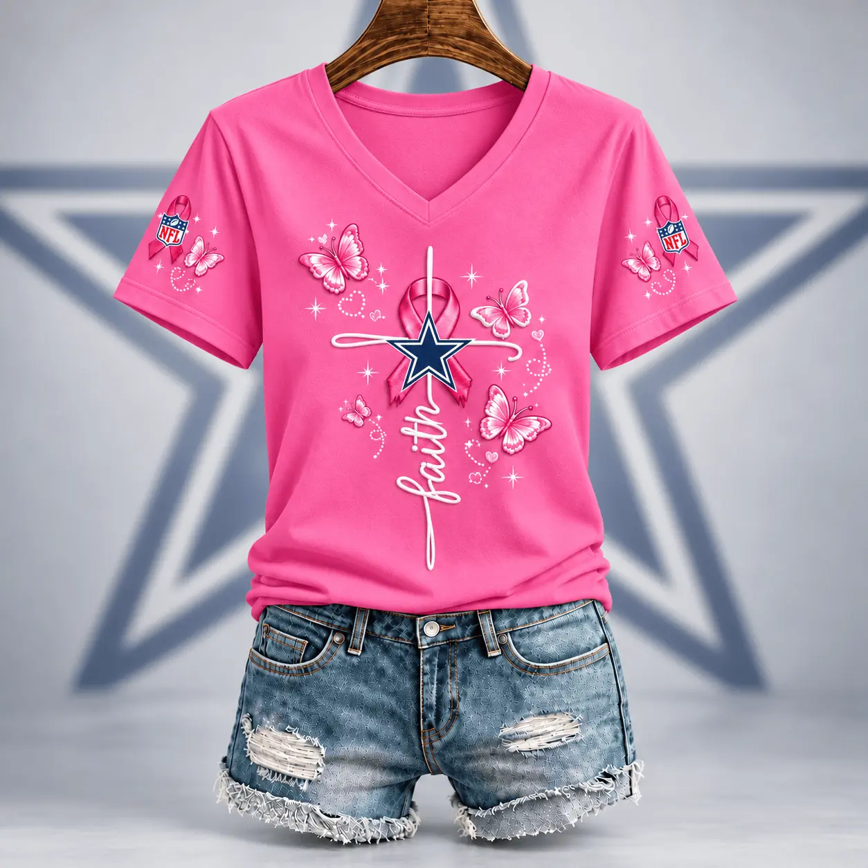 Dallas Cowboys | Premium NFL Faith Hope Love Breast Cancer V-Neck Shirt TD
