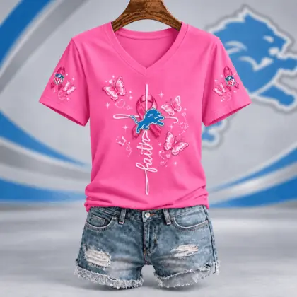Detroit Lions | Premium NFL Faith Hope Love Breast Cancer V-Neck Shirt TD